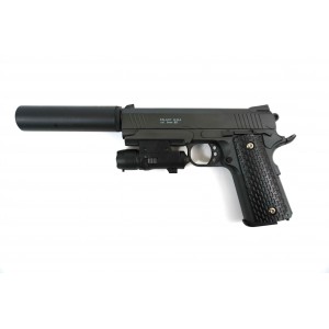 Страйкбольный пистолет G.25А Colt 1911 с глушителем и ЛЦУ (Galaxy), спринг, металл